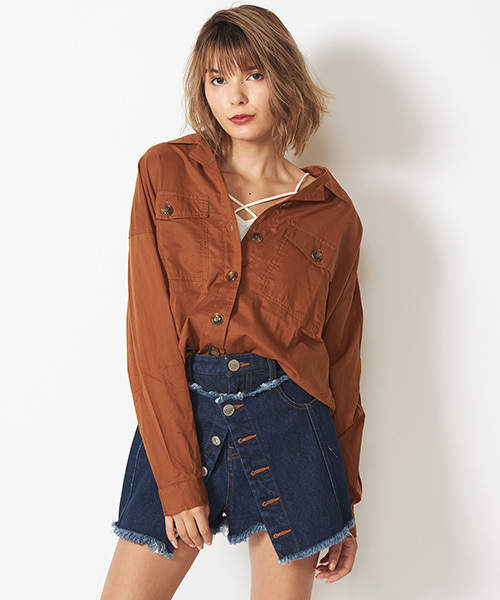 SPIRALGIRL（スパイラルガール）の「コットンオーバーシャツ（シャツ/ブラウス・レディース・オフホワイト/ブラウン/ベージュ・FREE）」の6枚目の写真