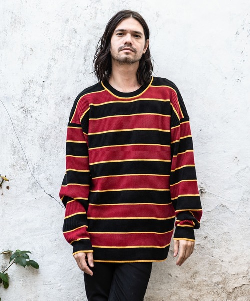 glamb（グラム）の「Oversize waffle border knit / オーバーサイズワッフルボーダーニット（ニット/セーター・メンズ・イエロー系その他/ホワイト×ネイビー/ブラック×レッド/ブラック×グリーン・1/2/0/4/3）」の3枚目の写真