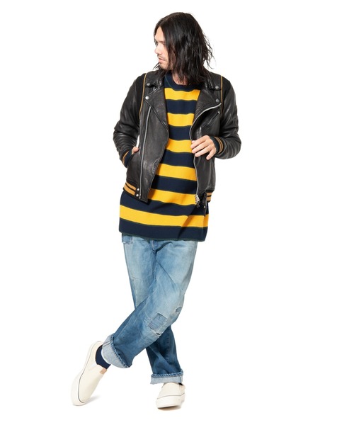 glamb（グラム）の「Oversize waffle border knit / オーバーサイズワッフルボーダーニット（ニット/セーター・メンズ・イエロー系その他/ホワイト×ネイビー/ブラック×レッド/ブラック×グリーン・1/2/0/4/3）」の16枚目の写真