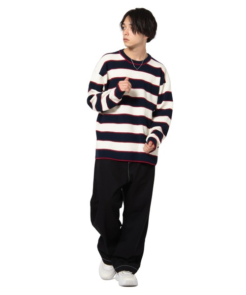 glamb（グラム）の「Oversize waffle border knit / オーバーサイズワッフルボーダーニット（ニット/セーター・メンズ・イエロー系その他/ホワイト×ネイビー/ブラック×レッド/ブラック×グリーン・1/2/0/4/3）」の7枚目の写真