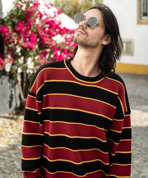 glamb（グラム）の「Oversize waffle border knit / オーバーサイズワッフルボーダーニット（ニット/セーター・メンズ・イエロー系その他/ホワイト×ネイビー/ブラック×レッド/ブラック×グリーン・1/2/0/4/3）」の11枚目の写真