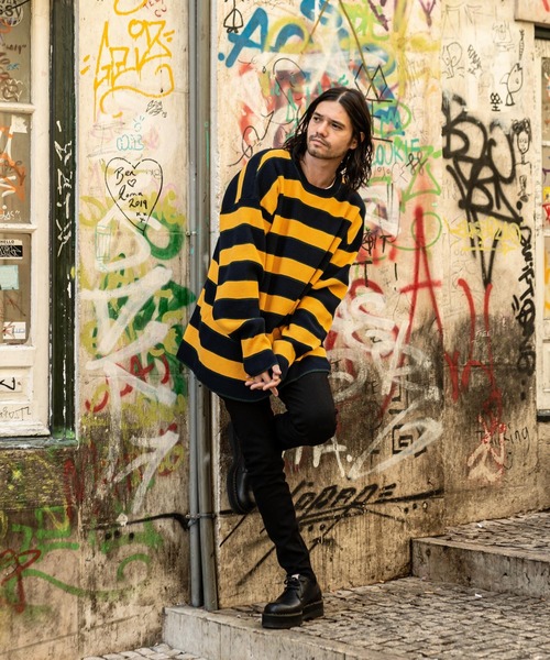 glamb（グラム）の「Oversize waffle border knit / オーバーサイズワッフルボーダーニット（ニット/セーター・メンズ・イエロー系その他/ホワイト×ネイビー/ブラック×レッド/ブラック×グリーン・1/2/0/4/3）」の5枚目の写真