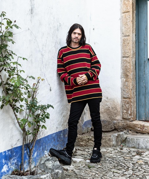 glamb（グラム）の「Oversize waffle border knit / オーバーサイズワッフルボーダーニット（ニット/セーター・メンズ・イエロー系その他/ホワイト×ネイビー/ブラック×レッド/ブラック×グリーン・1/2/0/4/3）」の6枚目の写真