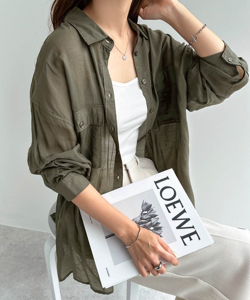 andme（アンドミー）の「オーバーサイズ長袖シアーシャツ（シャツ/ブラウス・レディース・ブラック/グレー系その他/ベージュ/ダークベージュ/アイボリー/グリーン/イエロー/ミント/ピンク/カーキ/カーキ系/ブルー・F(M)）」の9枚目の写真