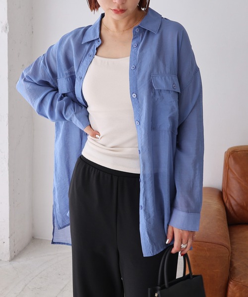 andme（アンドミー）の「オーバーサイズ長袖シアーシャツ（シャツ/ブラウス・レディース・ブラック/グレー系その他/ベージュ/ダークベージュ/アイボリー/グリーン/イエロー/ミント/ピンク/カーキ/カーキ系/ブルー・F(M)）」の10枚目の写真