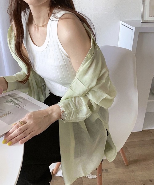 andme（アンドミー）の「オーバーサイズ長袖シアーシャツ（シャツ/ブラウス・レディース・ブラック/グレー系その他/ベージュ/ダークベージュ/アイボリー/グリーン/イエロー/ミント/ピンク/カーキ/カーキ系/ブルー・F(M)）」の13枚目の写真