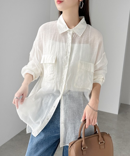 andme（アンドミー）の「オーバーサイズ長袖シアーシャツ（シャツ/ブラウス・レディース・ブラック/グレー系その他/ベージュ/ダークベージュ/アイボリー/グリーン/イエロー/ミント/ピンク/カーキ/カーキ系/ブルー・F(M)）」の16枚目の写真