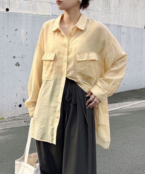 値下げ　新品　ベージュ オーバーサイズ 長袖 ラミーブラウス セール】オーバーサイズ長袖シアーシャツ（シャツ/ブラウス