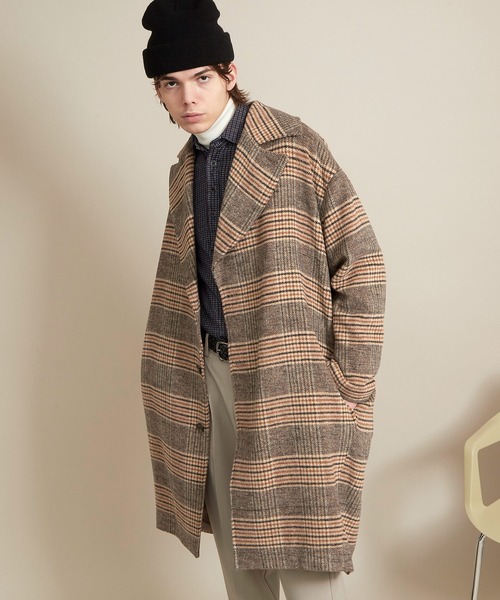 EMMA CLOTHES(エマクローズ)の「オーバーサイズ フェザーメルトン千鳥格子チェック チェスターコート EMMA CLOTHES(チェスターコート・メンズ・ブラウン系その他/グレー系その他・L/M)」の2枚目の写真