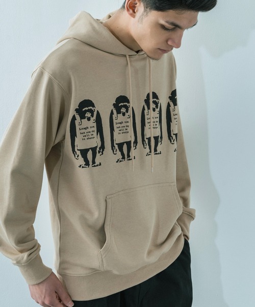 BRANDALISED（ブランダライズド）の「BANKSY/バンクシー LAUGH NOW P/O PARKA 裏毛ルーズスウェットパーカー（パーカー・メンズ・ベージュ/ブラック/ピンク/ホワイト・M/L/XL）」の15枚目の写真