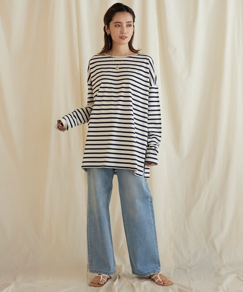 LIPSTAR（リップスター）の「ルーズボーダーロングTシャツ（Tシャツ/カットソー・レディース・ブラック系その他/グレー系その他/ダークネイビー・M）」の6枚目の写真