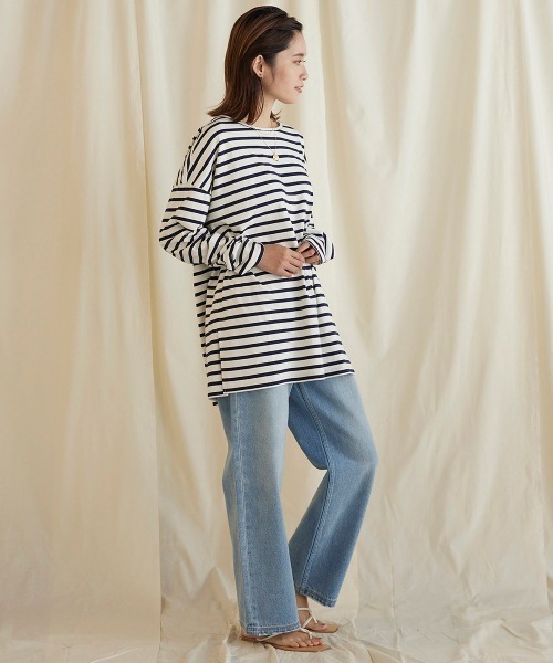 LIPSTAR（リップスター）の「ルーズボーダーロングTシャツ（Tシャツ/カットソー・レディース・ブラック系その他/グレー系その他/ダークネイビー・M）」の11枚目の写真