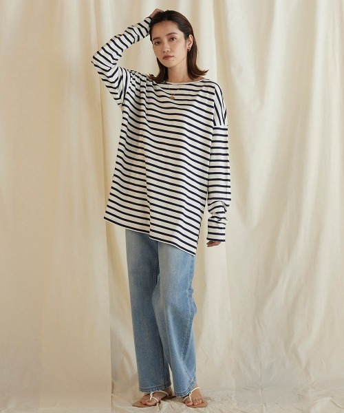 LIPSTAR（リップスター）の「ルーズボーダーロングTシャツ（Tシャツ/カットソー・レディース・ブラック系その他/グレー系その他/ダークネイビー・M）」の17枚目の写真