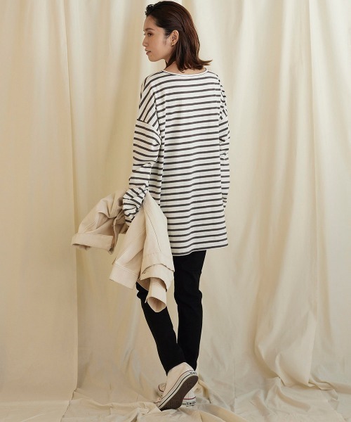 LIPSTAR（リップスター）の「ルーズボーダーロングTシャツ（Tシャツ/カットソー・レディース・ブラック系その他/グレー系その他/ダークネイビー・M）」の7枚目の写真