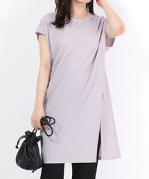 接触冷感 速乾ドライ 体型カバー フロントスリット ロング丈半袖Tシャツ レディース/Tシャツワンピース