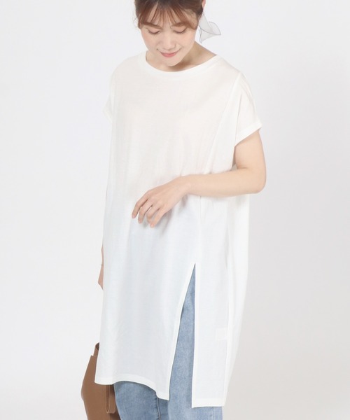 Salong hameu(サロン ハミュー)の「接触冷感 速乾ドライ 体型カバー フロントスリット ロング丈半袖Tシャツ レディース/Tシャツワンピース(Tシャツ/カットソー・レディース・ブラック/オフホワイト/グレイッシュブルー/ダークグレー/グリーン/エメラルド/ベージュ/ラベンダー/モカ/パープル・L/M)」の13枚目の写真