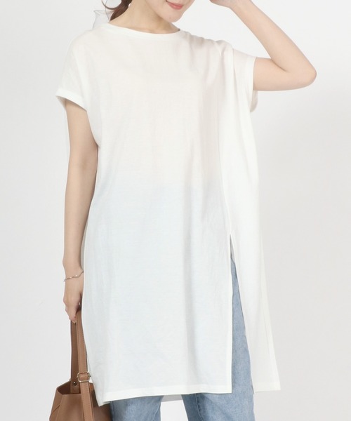 Salong hameu(サロン ハミュー)の「接触冷感 速乾ドライ 体型カバー フロントスリット ロング丈半袖Tシャツ レディース/Tシャツワンピース(Tシャツ/カットソー・レディース・ブラック/オフホワイト/グレイッシュブルー/ダークグレー/グリーン/エメラルド/ベージュ/ラベンダー/モカ/パープル・L/M)」の11枚目の写真