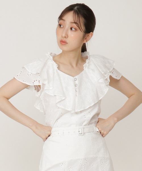 REDYAZEL（レディアゼル）の「コットンレース柄ドッキングブラウス（シャツ/ブラウス・レディース・ネイビー/レッド/オフホワイト・SMALL/MEDIUM）」の2枚目の写真