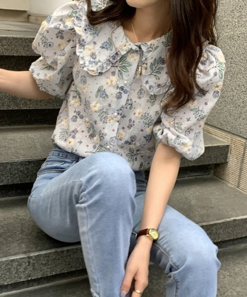 ABITOKYO(アビトーキョー)の「ビックエリ花柄刺繍ブラウス(シャツ/ブラウス・レディース・ライトブルー/ベージュ・FREE)」の6枚目の写真