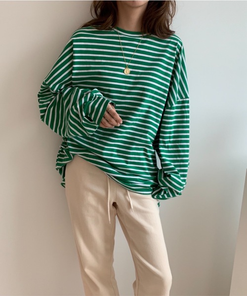 Didot.showroom(ディドット ショールーム)の「over size border long tee / オーバーサイズボーダーロングTシャツ(Tシャツ/カットソー・レディース・ブラック/レッド/ブルー/グリーン・FREE)」の3枚目の写真