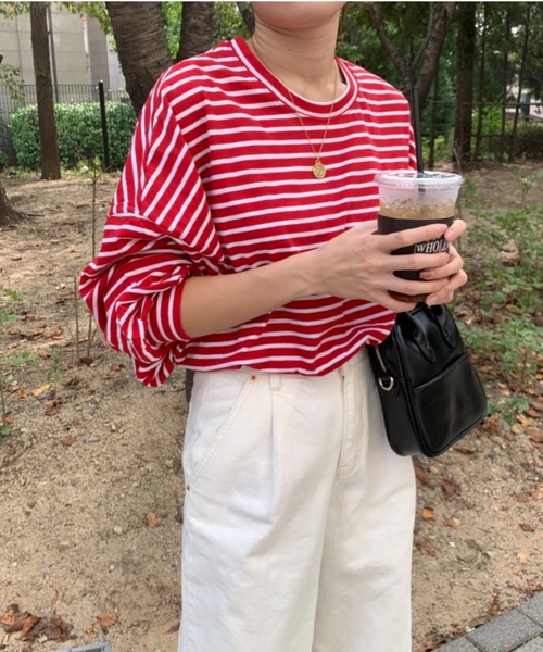 Didot.showroom(ディドット ショールーム)の「over size border long tee / オーバーサイズボーダーロングTシャツ(Tシャツ/カットソー・レディース・ブラック/レッド/ブルー/グリーン・FREE)」の13枚目の写真