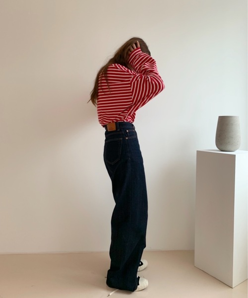 Didot.showroom(ディドット ショールーム)の「over size border long tee / オーバーサイズボーダーロングTシャツ(Tシャツ/カットソー・レディース・ブラック/レッド/ブルー/グリーン・FREE)」の5枚目の写真