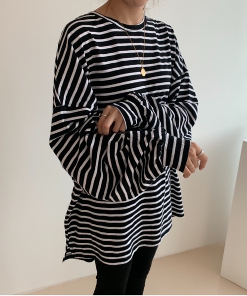 Didot.showroom(ディドット ショールーム)の「over size border long tee / オーバーサイズボーダーロングTシャツ(Tシャツ/カットソー・レディース・ブラック/レッド/ブルー/グリーン・FREE)」の15枚目の写真