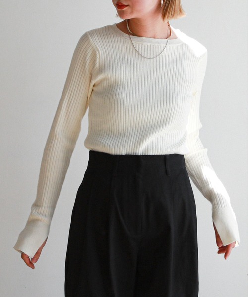 feepur(フェピュール)の「《ウォッシャブル》袖スリットボートネックリブニット(ニット/セーター・レディース・オフホワイト/グリーン/モカ/ピンク/ブラック・MEDIUM)」の2枚目の写真