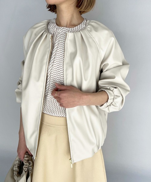 PICCIN(ピッチン)の「フェイクレザーノーカラーブルゾン(ブルゾン・レディース・ブラック/オフホワイト・M/L)」の10枚目の写真