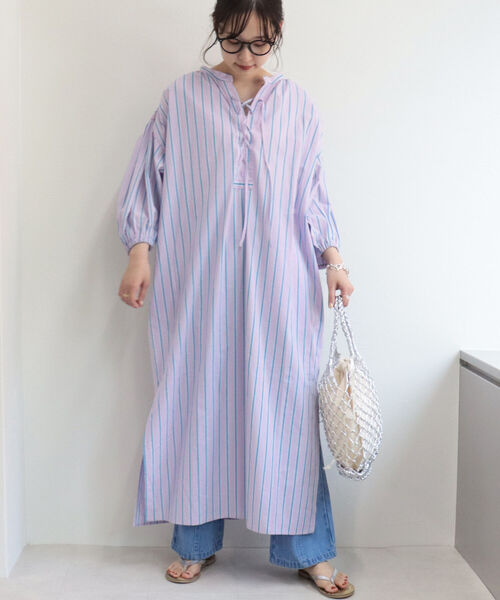 fredy emue（フレディエミュ）の「ストライプ袖ボリュームワンピース（シャツワンピース・レディース・ブルー系その他3/ピンク系その他3・38）」の2枚目の写真