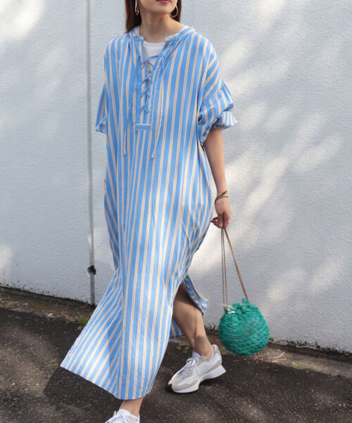 fredy emue（フレディエミュ）の「ストライプ袖ボリュームワンピース（シャツワンピース・レディース・ブルー系その他3/ピンク系その他3・38）」の6枚目の写真