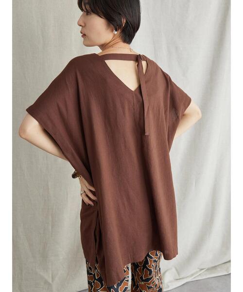 AMERICAN HOLIC（アメリカンホリック）の「リネンブレンドバックVチュニック（Tシャツ/カットソー・レディース・ブラウン/ブルー・M/L）」の3枚目の写真