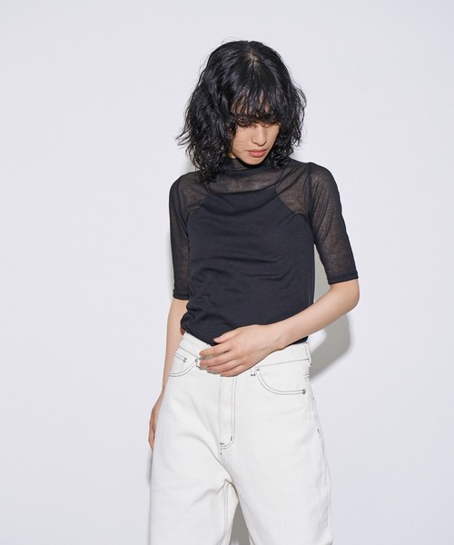 4youstory（フォーユーストーリー）の「【4youstory】シアーハーフスリーブトップス（Tシャツ/カットソー・レディース・ブラック/ブルー/アイボリー・FREE）」の2枚目の写真