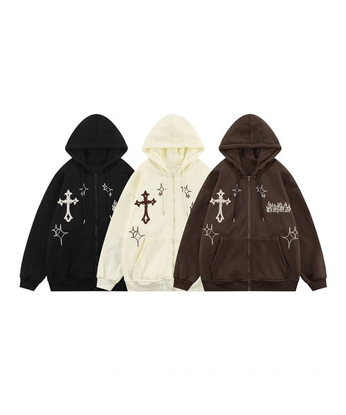 HOOK(フック)の「【HOOK】クロスと炎刺繍ジップパーカー(パーカー・メンズ・ブラック/ブラウン/ライトベージュ/ワインレッド/ネイビー・M/L/XL)」の6枚目の写真