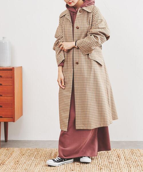 coen（コーエン）の「チェックステンカラーコート（ステンカラーコート・レディース・ブラウン/ベージュ・M/L）」の9枚目の写真
