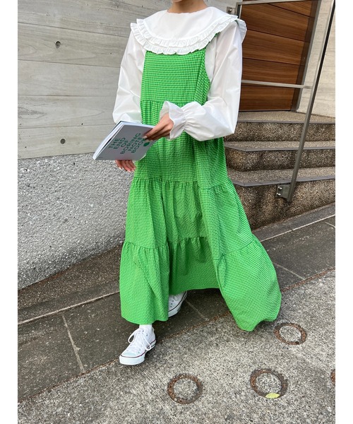 WC（ダブル シー）の「ギンガムティアードロングキャミワンピース（ワンピース・レディース・パープル/ブラック/グリーン・FREE）」の7枚目の写真