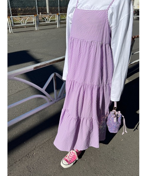 WC（ダブル シー）の「ギンガムティアードロングキャミワンピース（ワンピース・レディース・パープル/ブラック/グリーン・FREE）」の9枚目の写真