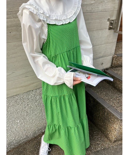 WC（ダブル シー）の「ギンガムティアードロングキャミワンピース（ワンピース・レディース・パープル/ブラック/グリーン・FREE）」の6枚目の写真