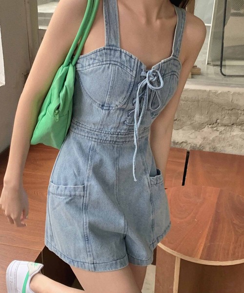 NANEA(ナネア)の「オールインワン デニムショートパンツ ロンパース(サロペット/オーバーオール・レディース・インディゴブルー・SMALL/MEDIUM)」の2枚目の写真