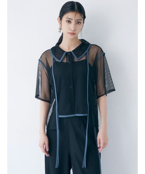 MURUA（ムルーア）の「パイピングメッシュシャツ（シャツ/ブラウス・レディース・アイボリー/ブラック・FREE）」の3枚目の写真