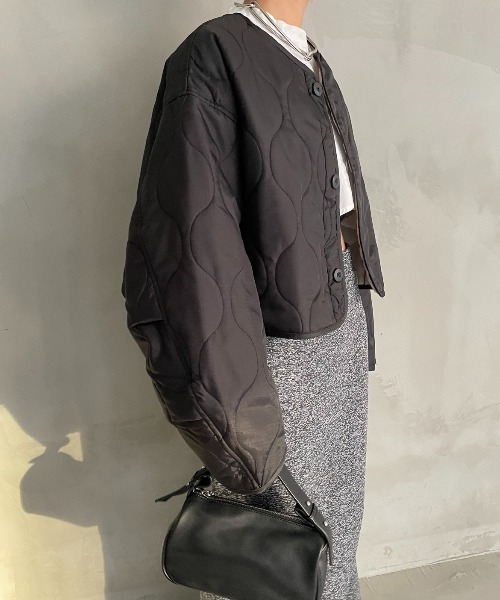 AIC.（エーアイシー）の「キルティングショートジャケット（ノーカラージャケット・レディース・カーキ/ブラック・FREE）」の15枚目の写真
