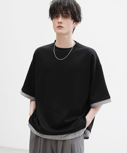 ASTRONOMY(アストロノミー)の「半袖フェイクレイヤードオーバーサイズポンチTシャツ(Tシャツ/カットソー・メンズ・グリーン/ホワイト/グレー/ブルー/ブラック/ワイン・S/M/L/XL)」の2枚目の写真