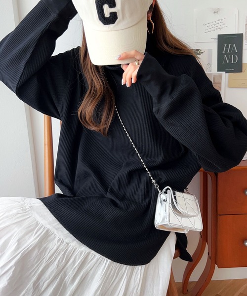セール】ワッフルタートルネック長袖トップス（Tシャツ/カットソー