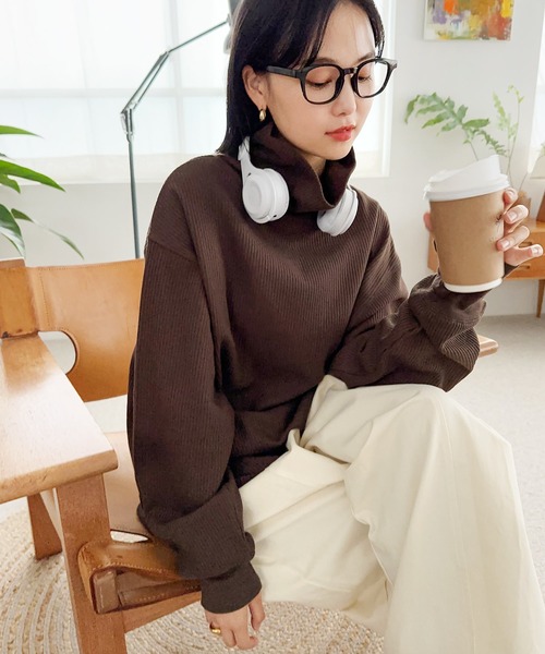 andme(アンドミー)の「ワッフルタートルネック長袖トップス(Tシャツ/カットソー・レディース・ライトブルー/ブラック/アイボリー/ブラウン/オートミール・M)」の13枚目の写真