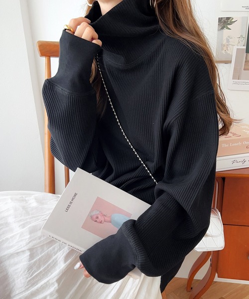 セール】ワッフルタートルネック長袖トップス（Tシャツ/カットソー