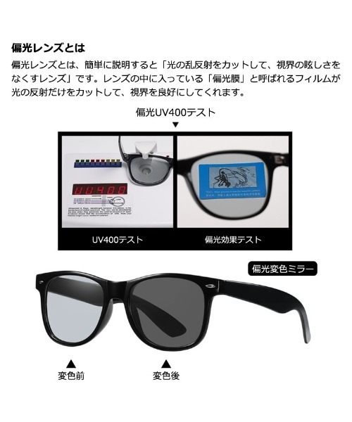 COMON+(コモンプラス)の「紫外線に当たるとレンズカラーが変わる!UVカット 調光 & 偏光 ウェリントンタイプ ゴルフ サングラス(サングラス・メンズ・ブラック・FREE)」の7枚目の写真