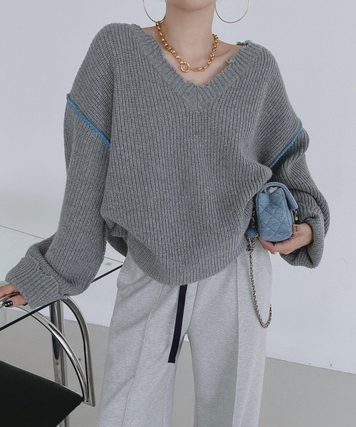 N.s(エヌドットエス)の「配色ハンドステッチクラッシュニットトップス(ニット/セーター・レディース・ホワイト/ブラック/グレー/ブルー・FREE)」の9枚目の写真