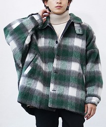 MinoriTY | 【MinoriTY】シャギードルマンチェック柄ショートコート ニットブルゾン メンズ 冬服 チンストラップ スタンドカラー アウター(ブルゾン)