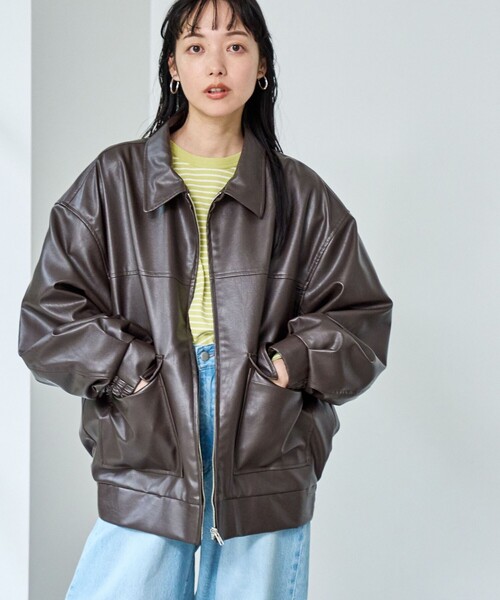 coen（コーエン）の「レザーライクビッグジャケット（ブルゾン・レディース・ブラック/ダークブラウン・FREE）」の14枚目の写真