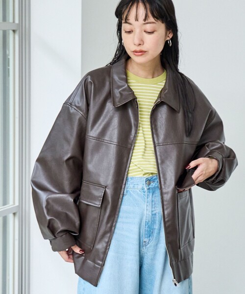 coen（コーエン）の「レザーライクビッグジャケット（ブルゾン・レディース・ブラック/ダークブラウン・FREE）」の19枚目の写真